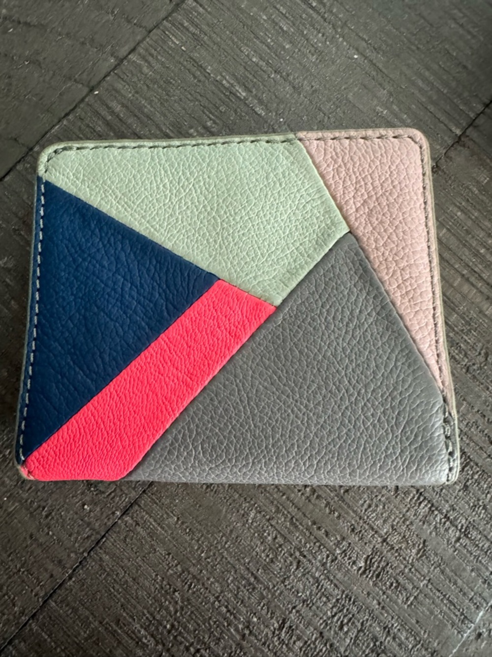 Fossil Colorblock Leather Bifold Wallet in Navy, Gray, Mint, Pink, and Coral